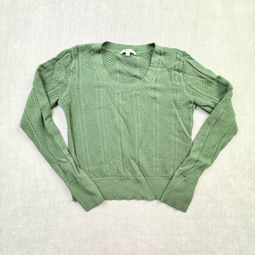 Madewell Sage Green Pointelle Cable‎ Knit Scoop Neck Sweater Womens Large L